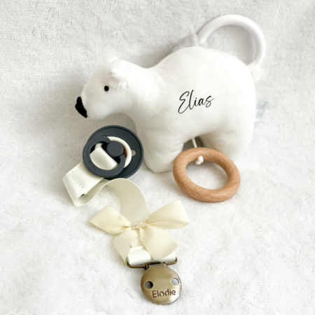 Set zur Geburt für Mädchen: Schnullerband und Spieluhr Eisbär