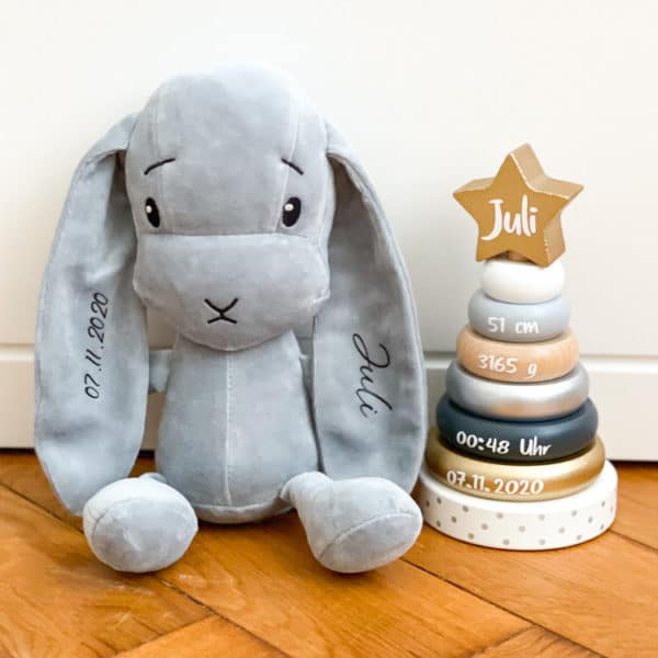 Effiki Kuscheltier Hase grau und Stapelturm Stern