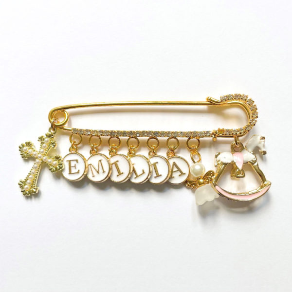 Strassnadel gold mit 9 Charms, baby, rosa